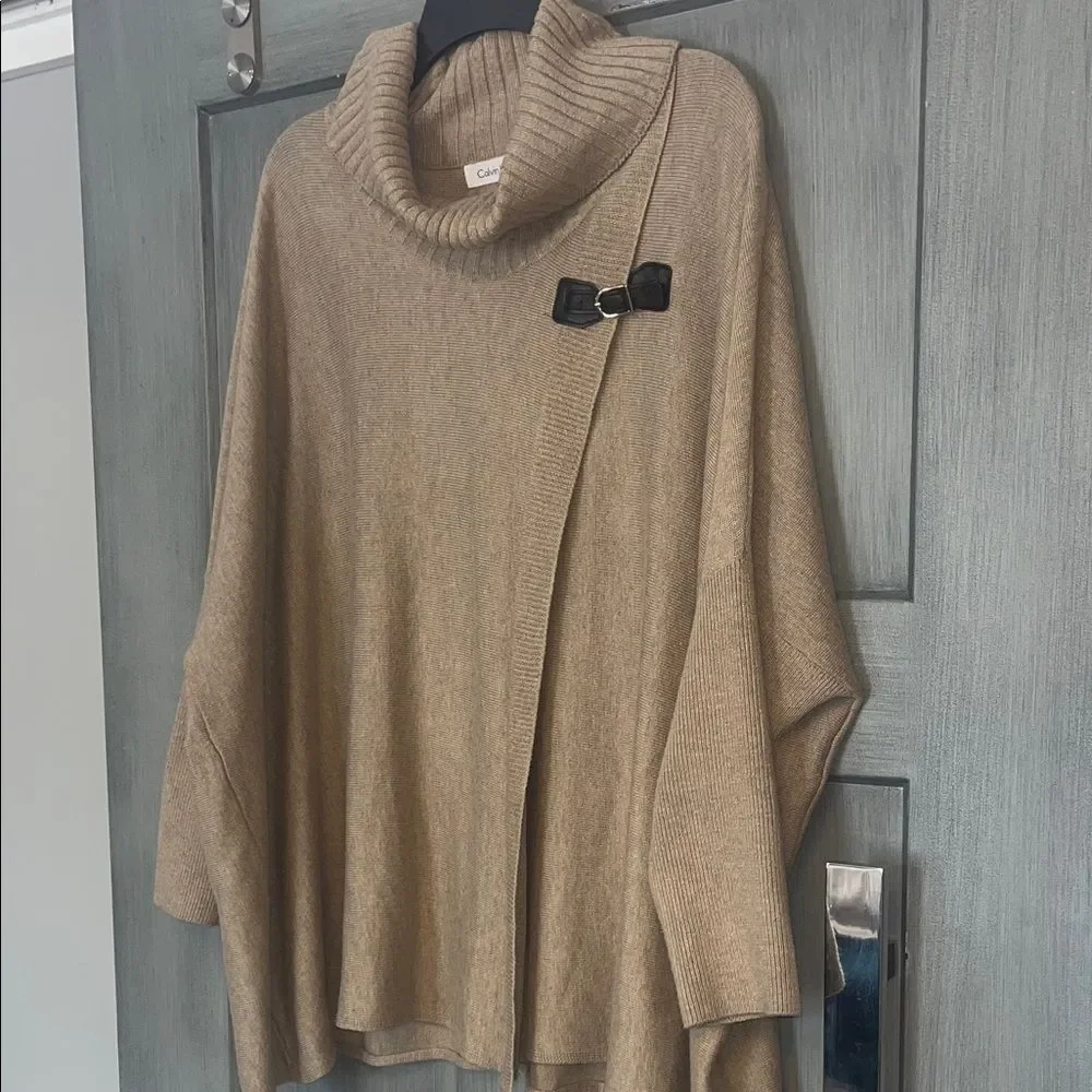 Calvin Klein Sz L/XL Taupe Cowl Neck Poncho Sweater W/ Buckle #luxe #flowy #chic